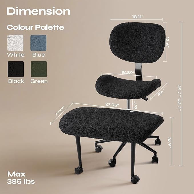 Ergonomic Cross Legged Chair for ADHD, Meditation Chair with 360° Swivel Wheels, Kneeling Office Chair with Back Support, Strong Lumbar Support, Teddy Fabric, Black