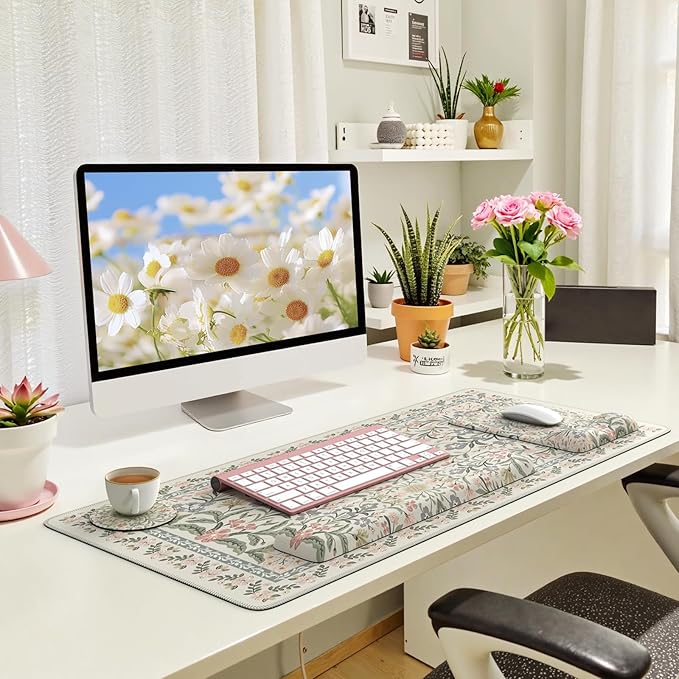 iLeadon Desk Protector Mat, Cute Ergonomic Wrist Pad for Keyboard and Mouse, Non Slip Desk Mat with Wrist Rest, Extra Large Full Desks Mouse Pad with Coaster for Women Office (Grey)