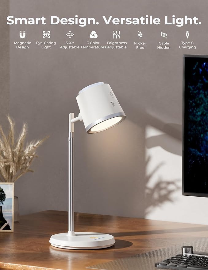 Modular LED Desk Lamp for Home Office, Eye-Caring Table Lamp Dimmable Rechargeable with 360°Adjustable Head, 3 Color Temperatures & Stepless Brightness, Touch Control & Memory, Multi-Scene Use, White