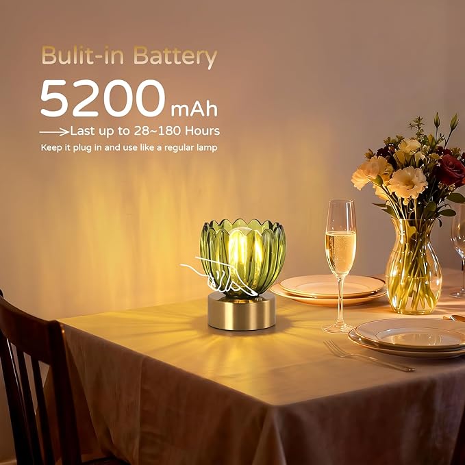 Cordless Small Table Lamp with 5200mAh Battery & Touch Control, Battery Operated Tulip Table Lamp with 3 Colors, Rechargeable Mini Table Lamps for Bedsides, Bedroom, Nightstand (Green)