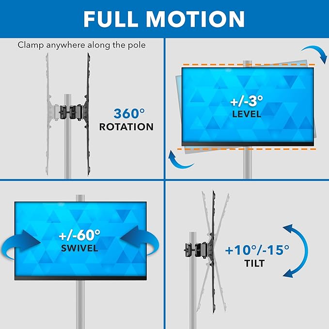Mount-It! TV Pole Mount, Fits 32" to 55" Screens, Universal VESA 75x75 to 400x400, Full-Motion Tilt, Swivel & Rotate, Clamps to 1.1" - 1.96" Diameter Poles, Ideal for Gazebos, Trade Shows, & POS