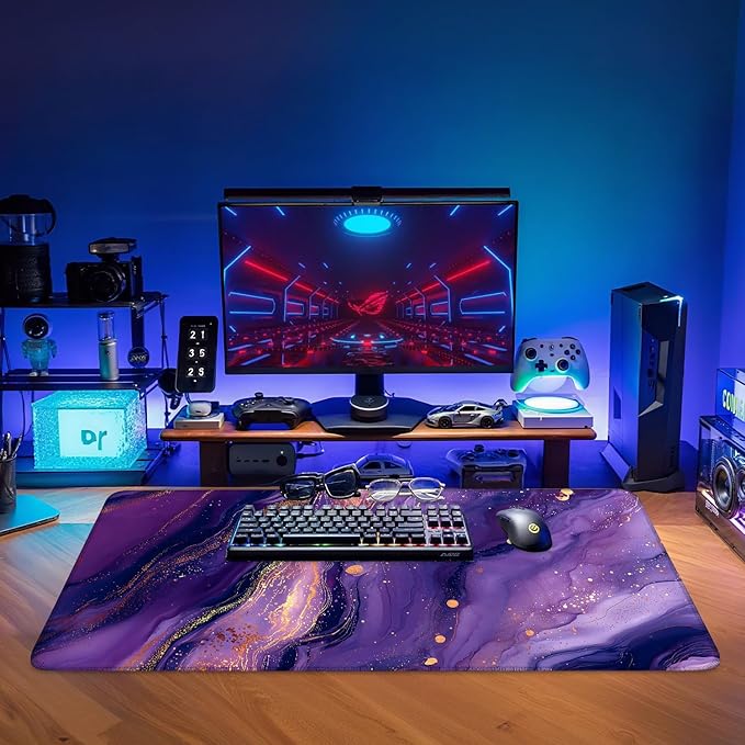 Purple Marble Extended Gaming Mouse Pad 35.4x15.7Inch Large Desk Mat Anti-Slip Rubber Base & Durable Stitched Edges for Gamers Smooth Mouse Writing Surface for Desk Office/Home