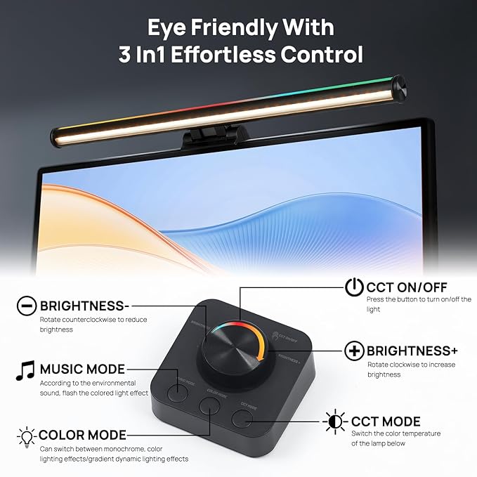Hive Vibes 17" Monitor Light Bar with 15 Colors RGB Backlight, Wireless Remote and App Control, 3 Colors Temperature, Stepless Dimming, Eye Care, Anti-Glare Desk Lamp for Home, Office and Gaming