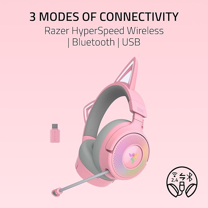 Razer Kraken Kitty V3 Pro Wireless RGB Gaming Headset: Chroma RGB Kitty Ears - 2.4 GHz, Bluetooth 5.3, USB A - Super Wideband Mic - 40mm Drivers - THX Spatial Audio - Comfortable Ear Cushions - Pink