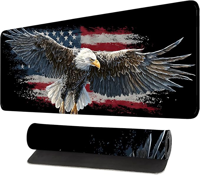 Desk Mat, XXL Extended Gaming Pad for Desktop, 31x12 Inches Patriotic Bald Eagle US Flag Design, Large Non-Slip Vegan Leather Surface with Stitched Edges, Keyboard Mouse Mat for Home Office
