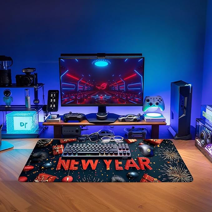 Happy New Year Extended Gaming Mouse Pad 31.5x11.8inches Large Desk Mat Anti-Slip Rubber Base & Durable Stitched Edges for Gamers Smooth Mouse Writing Surface for Desk Office/Home