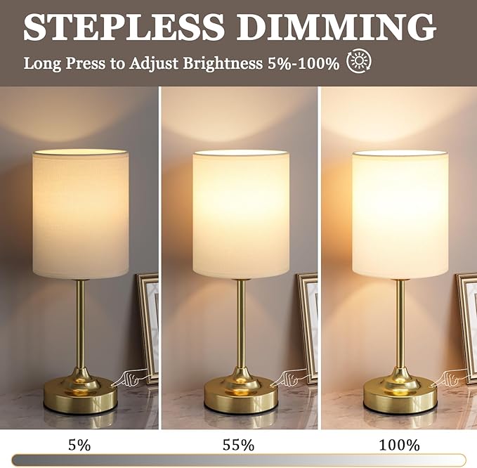 Touch Control Cordlss Table Lamp, USB-C Rechargeable Lamp with Stepless Dimming, 4000mAh Battery Operated Vintage Bedside Lamp for Bedroom, Living Room, Night Light & Emergency Lighting, Brass, 1 Pack
