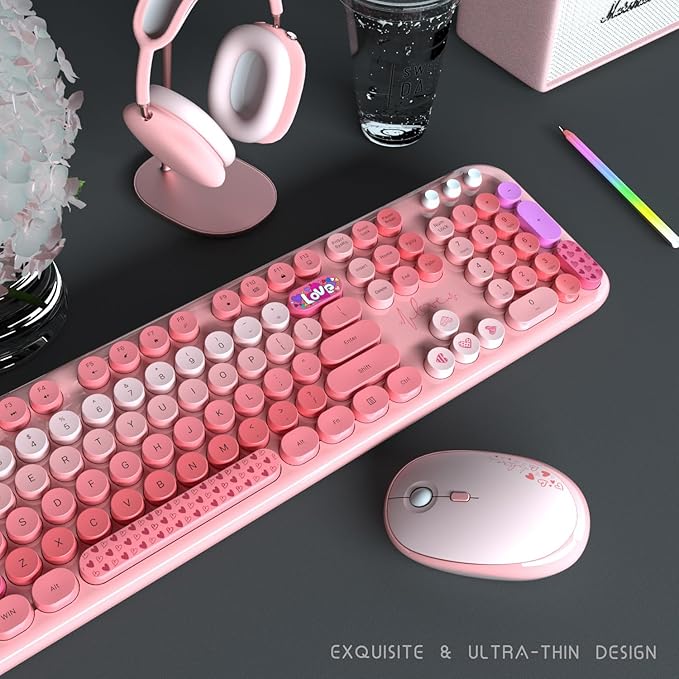 Wireless Keyboard and Mouse Combo, 104 Round Keys Full-Size Cute Colorful Pink Cordless Keyboard and Mouse with Retro Typewriter for PC/Mac/Laptop/Tablet/Computer/Windows Pink