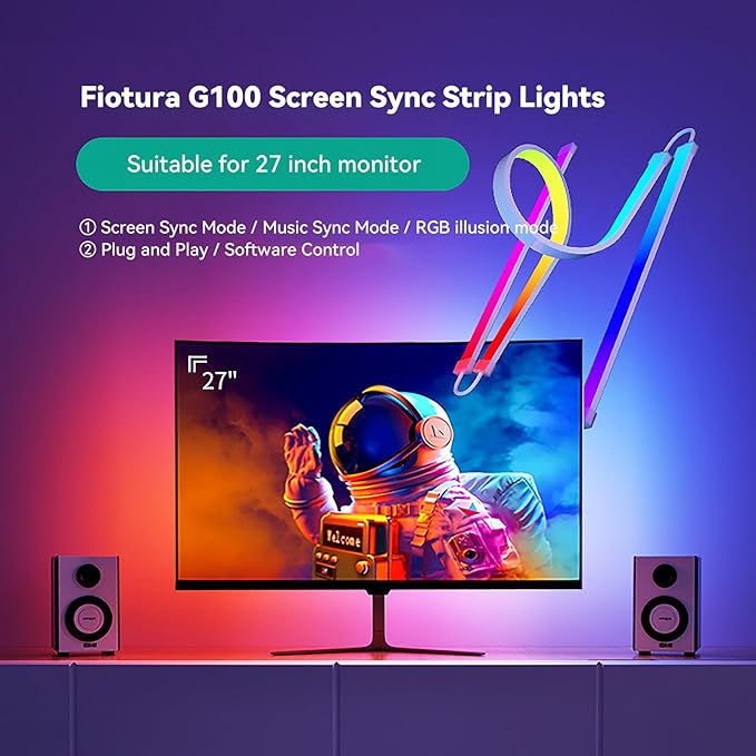 G100 Monitor LED Backlights for PC & Mac, LED Strip Lights that Sync with Screen Color or Music, Computer Light Bar Behind Monitor, LEDs for Desk Gaming, USB Port, Software Control (27 in)