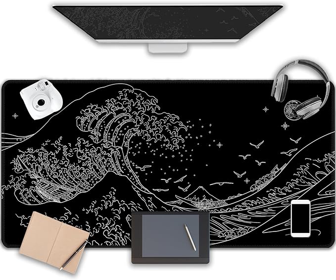 MEWOOCUE® Large Gaming Mouse Pad for Computer,Black Japanese Sea Wave Anime Mouse Mat,Long XXL Waterproof Keyboard Pads,Big Non-Slip Mouse Pads for Game Office Home（47.2 x 23.6 in）