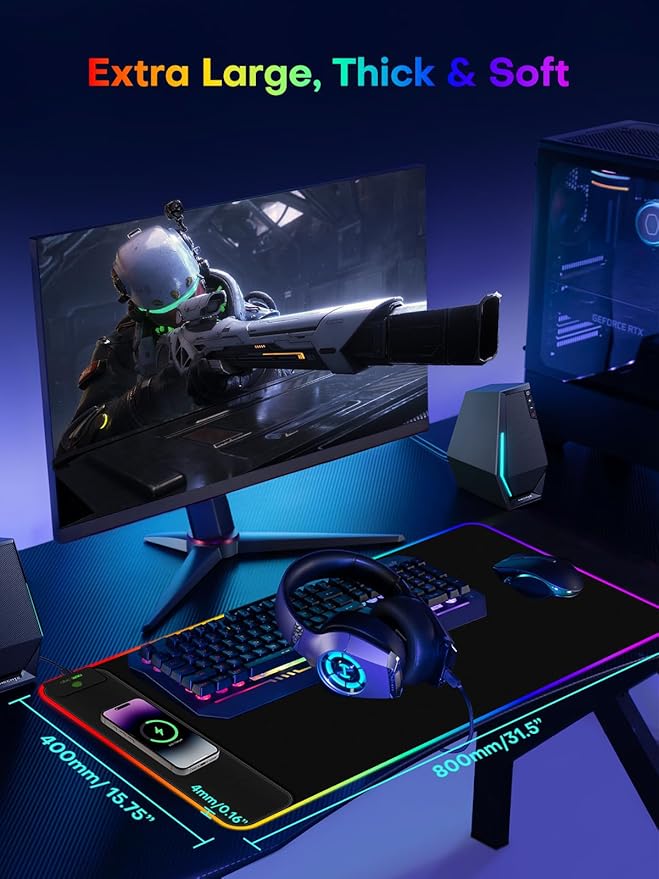 2-in-1 RGB Gaming Mouse Pad with Wireless Charging, 31.5"x15.8" Large, 24 Light Effects, Non-Slip Base, Waterproof Ultra-Smooth Surface, No Adapter