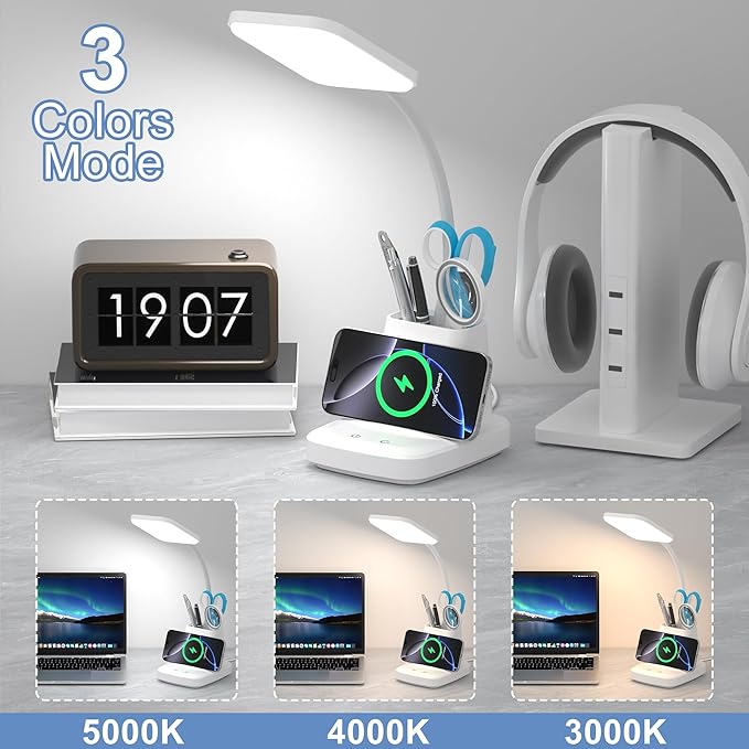 Wireless Charging Desk Lamp with Pen Holder, 800LM Dimmable Office Light with 3 Color Modes, 8W LED Table Lamp for Computer Desk, Studying, White