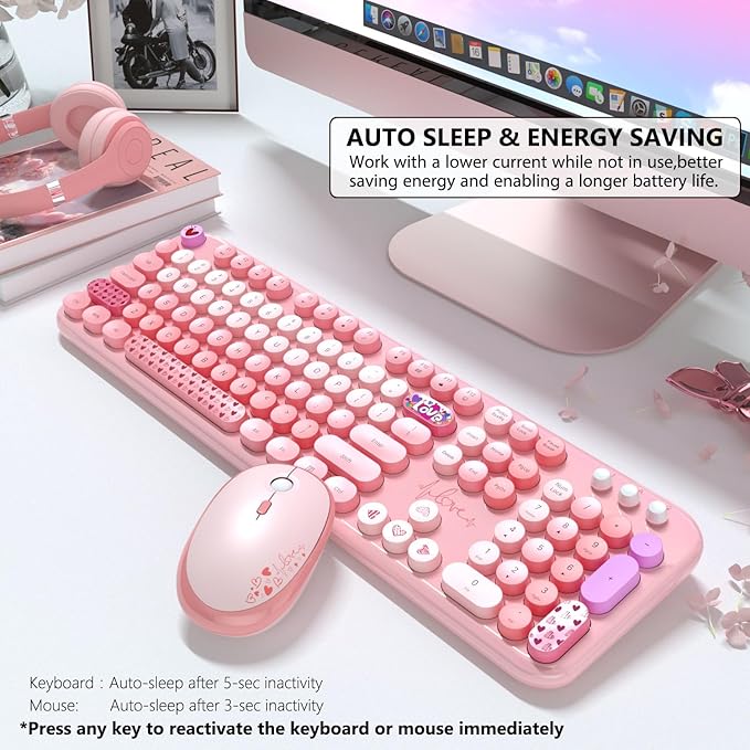 Wireless Keyboard and Mouse Combo, 104 Round Keys Full-Size Cute Colorful Pink Cordless Keyboard and Mouse with Retro Typewriter for PC/Mac/Laptop/Tablet/Computer/Windows Pink