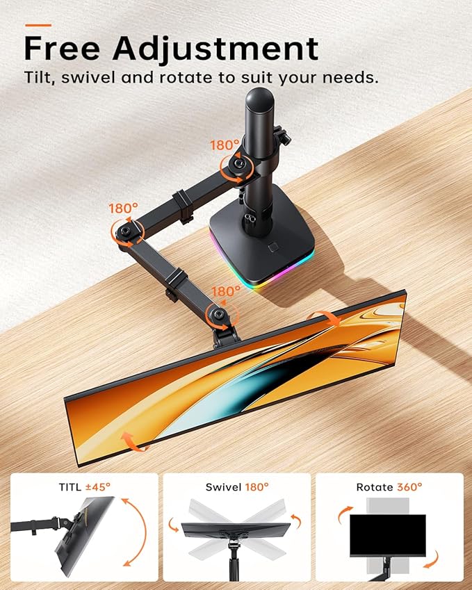 RGB Single Monitor Stand, Monitor Arm with 3 USB Ports, Charging and USB Data Transfer Function, Adjustable Desk Mount for 13"-27" Monitors up to 17.6lbs, VESA 75x75mm 100x100mm, Ergonomic Design