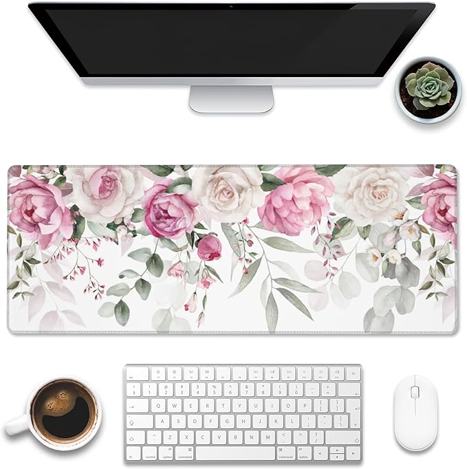 Large Gaming Mouse Pad for Desk,Pink Peony Flowers Eucalyptus Leaves Desk Mat,Watercolor Floral Desk Pad,Extended Big Computer Keyboard Mouse Pad with Non-Slip Base Stitched Edge 31.5"x11.8"
