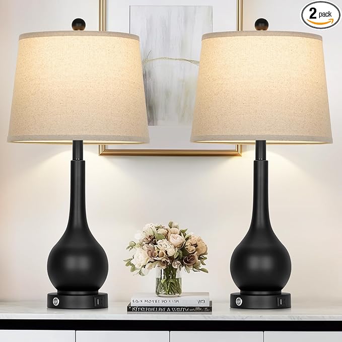 26" Black Table Lamps Set of 2, Touch Control Lamps for Living Room, 3-Way Dimmable Bedroom Bedside Lamps for Nightstands with USB A+C Port (2 LED Bulbs Included)