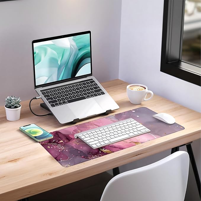 Pink Marble Extended Gaming Mouse Pad 31.5x11.8inches Large Desk Mat Anti-Slip Rubber Base & Durable Stitched Edges for Gamers Smooth Mouse Writing Surface for Desk Office/Home