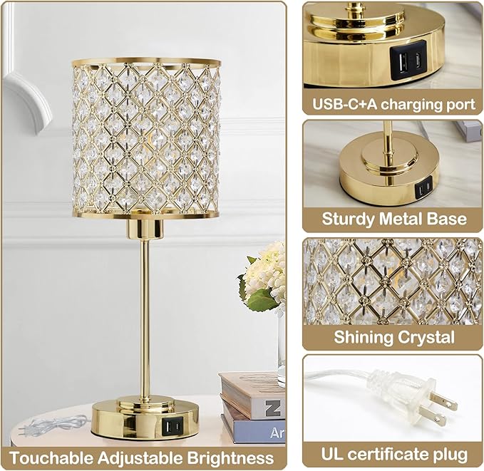 GyroVu Crystal Touch Control Table Lamp with USB-C+A Charging Ports, Dimmable Nightstand Lamp Set of 2 Crystal Decorative Bedside Lamps with Gold Elegant Shade for Bedroom Living Room, Bulbs Included