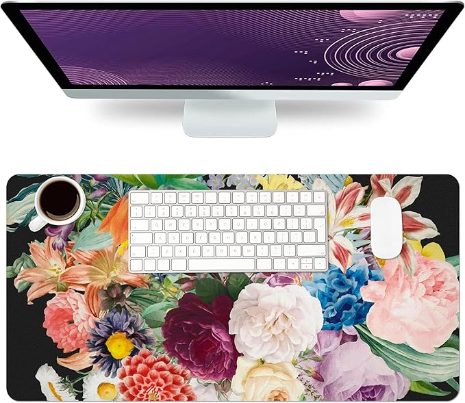 Desk Mat Large Protector Pad 23.6" ×11.8", Non-Slip PU Leather Desk Blotter, Waterproof Mouse Pad for Office Home Bouquet