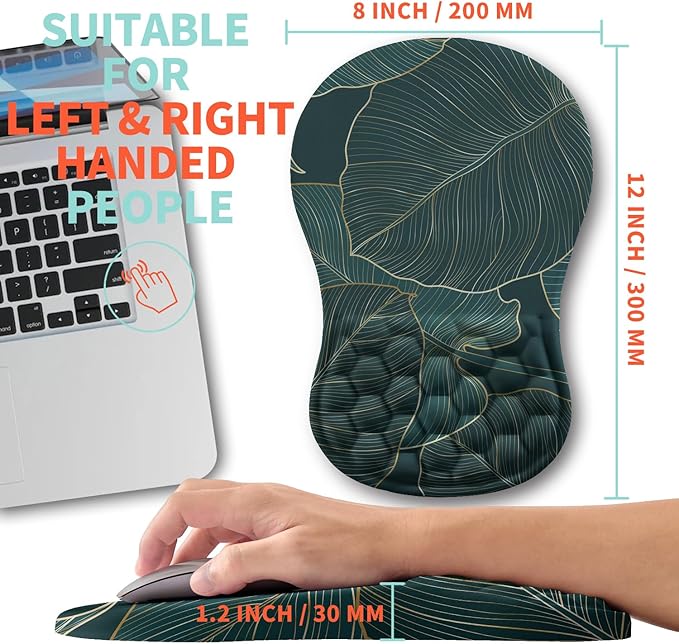 Ergonomic Mouse Pad Wrist Support with Memory Foam Massage Bulge, Carpal Tunnel Mousepad Wrist Rest for Mouse(12x8 inch, Leaves)