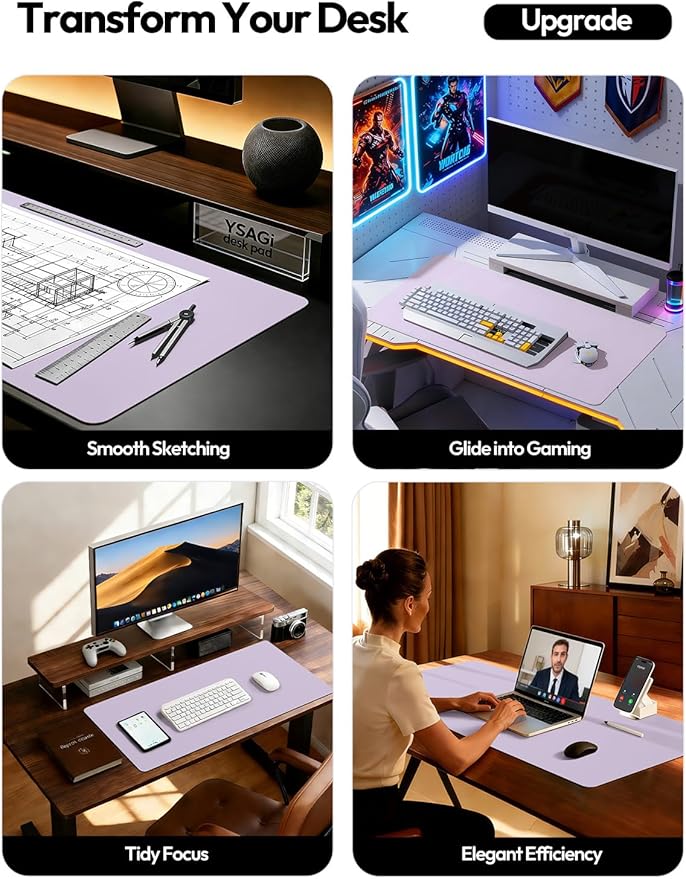 YSAGi Leather Desk Protector, Office Mat, Large Mouse Mat, Non-Slip PU Leather Blotter, Laptop Desk Pad, Waterproof Writing Pad for Office and Home (Light Purple, 47.2" x 23.6")