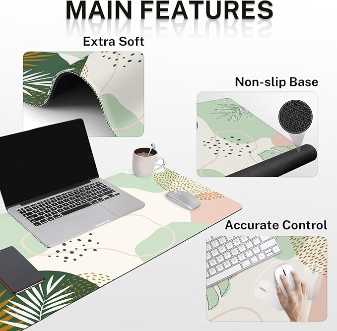 Britimes Green Boho Leaves Keyboard Mouse Pad Set 4in1 Large Mousepad+Keyboard Wrist Rest+Mouse Wrist Rest+Coaster Set with Ergonomic Design for Home Office Computer 35.4x15.7 inches