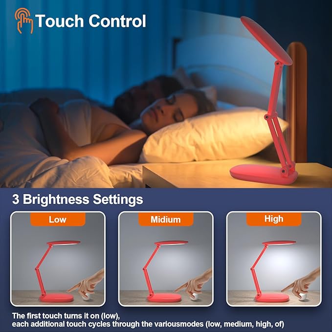 LED Desk Lamp for Office Home & Battery Operated Lamp Rechargeable Lamp Foldable & Portable Light, [2-Fold Bracket] 3 Brightness Dimmable Small Desk Lamp Wireless Reading Lamp (Bright Pink)