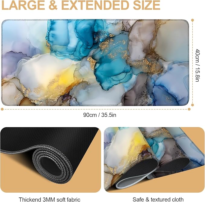 Large Mouse Pad & Keyboard Mat 35x16 Inches, Luxury Fluid Agate with Gold Veins Non-Slip Rubber Base Desk Mat, Large Extended Desk Protector for Home Office Gaming Setup