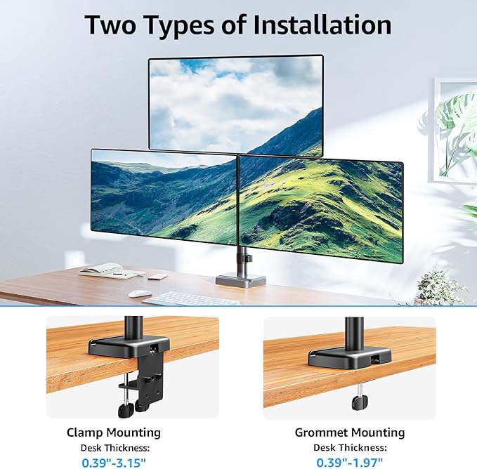 MOUNTUP Triple Monitor Mount Fits Max 32 Inch Screen, Holds 4.4-17.6lbs, 3 Monitors Desk Mount, Triple Monitor Stand for Desk, Adjutable Arm with Clamp/Grommet Base, VESA 75x75/100x100 MU6013A