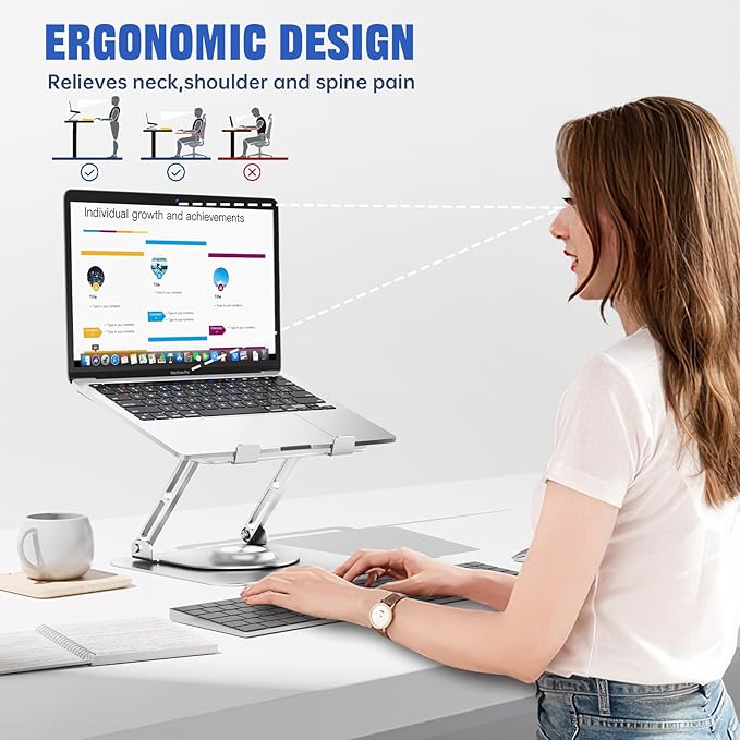 Laptop Stand for Desk, Adjustable Computer Stand with 360° Rotating Base, Ergonomic Laptop Riser for Collaborative Work, Foldable & Portable Laptop Stand, fits for All 10-16" Laptops (Sliver)