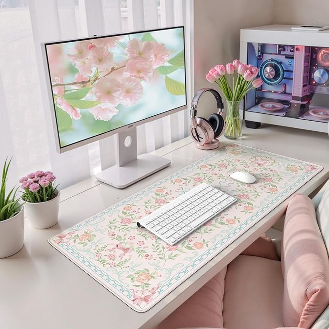 HAOCOO Blue Desk Mat, Cute Bow Keyboard Mat, Floral Desk Mouse Pad for Women, 35.4" x 15.7" Non-Slip Waterproof Desk Pad, Computer Mat with Edge Stitching for Office, Home Desk Cover