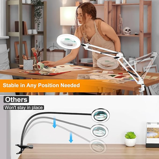 10X Magnifying Glass with Light and Clamp, Real Glass LED Lighted Magnifier, 3 Color Modes 10 Level Dimmable, Magnifying Lamp with Clamp for Reading Craft Hobby Close Work, White