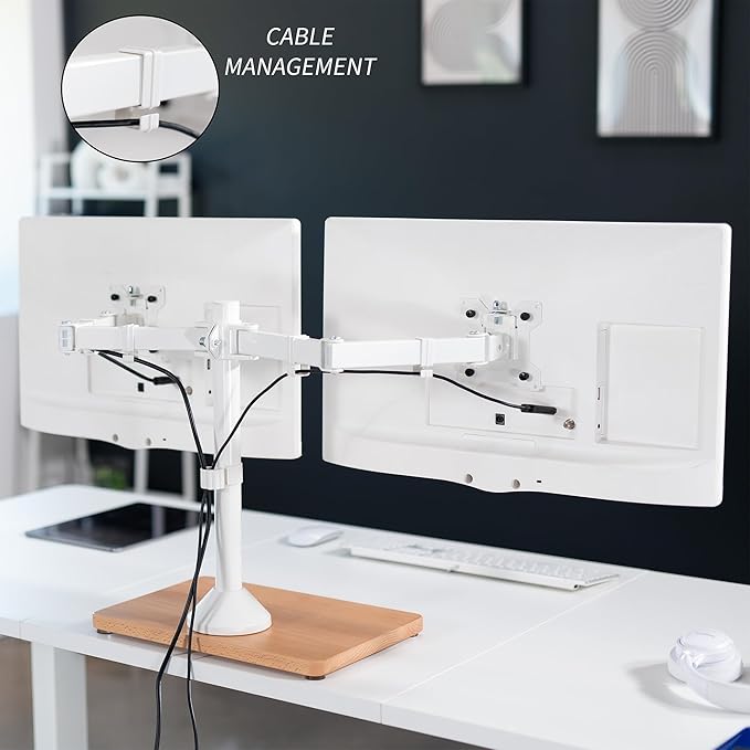 VIVO Freestanding Dual Monitor Stand with Solid Wood Base and Adjustable Arms, Mounts 2 Screens up to 32 inch and 22 lbs Each, White, STAND-V002FD-W