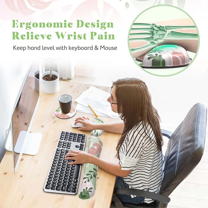 Gimars Enlarge Silky and Superfine Fabric Gel Memory Foam Keyboard Wrist Rest Set, Ergonomic Keyboard Mouse Wrist Support for Typing, Comfort for Office, Gaming, Computer-Morandi Pink