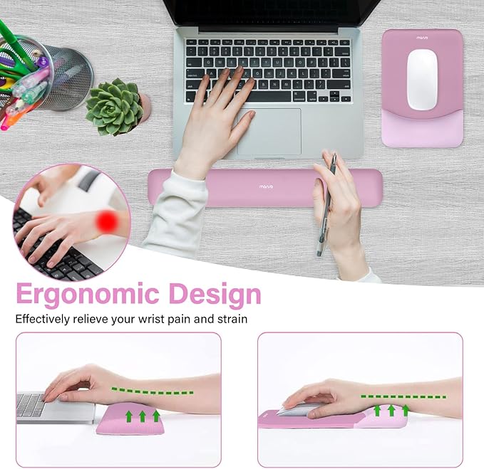 MOSISO Wrist Rest Support for Mouse Pad&Keyboard Set, Rectangular Ergonomic Mousepad Non-Slip Base Home/Office Easy Typing Pad with Neoprene Cloth&Raised Silicone Lining, Mauve Pink