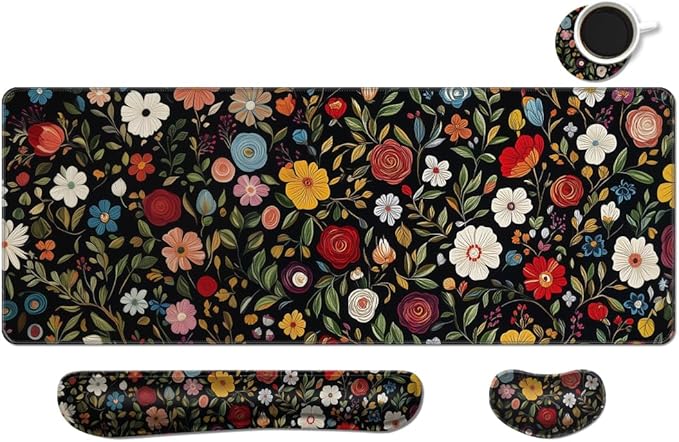 MIBITRI Keyboard Mouse Pad Set, Extended Gaming Mouse Pad+Ergonomics Keyboard Wrist Rest Support, Memory Foam, Easy Typing, 4Pcs XXL Ultra Thick Desk Mat, Red Florals