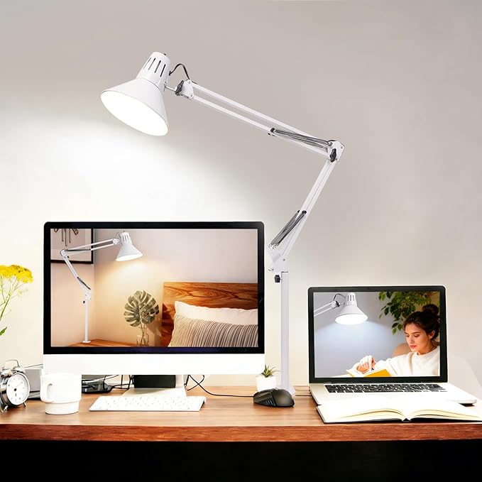 LED Desk Lamp Dimmable with Clamp, Eye-Caring Clip on Lights for Home Office, 3 Adjustable Color Temperature,Extra Tall Metal Swing Arm, High Intensity Clamp w/A19 E26 Bulb for Working Reading
