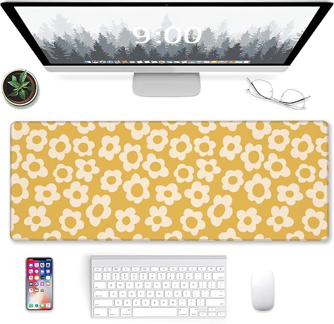 Desk Mat, Vintage Groovy Yellow Flowers Extended Gaming Mouse Pad Large, Big Desk Mat with Non-Slip Base and Stitched Edge, Long Computer Keyboard Mouse Mat for Home Office Work 31.5"x11.8"