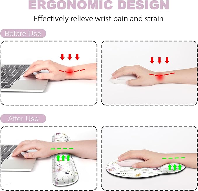 Ergonomic Mouse Pad with Wrist Rest and Keyboard Wrist Rest, Mousepad and Wrist Rest for Computer Keyboard, Non-Slip Rubber Base, Mouse Pad Wrist Support for Gaming, Flowers and Plants