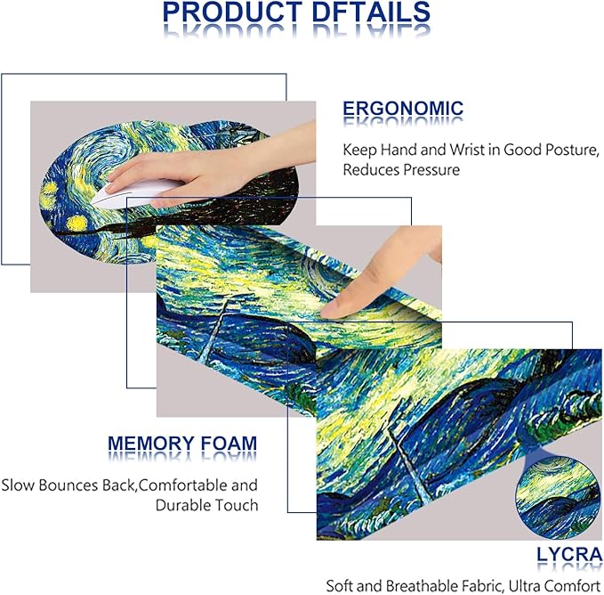 ARTSO Ergonomic Mouse Pad with Wrist Rest, Comfortable Keyboard Wrist Rest, Memory Foam Mousepad for Computer Keyboard, Mouse Pad Set for Easy Typing & Comfort, Starry Sky Oil Painting