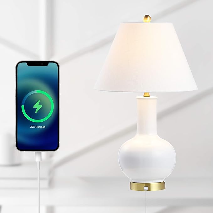 JONATHAN Y 27" White Ceramic and Brass Gold Gourd LED Table Lamp with USB Charging Port, Contemporary Bedside Lamp for Bedroom Living Room, Linen Shade, LED Bulb Included JYL6600A