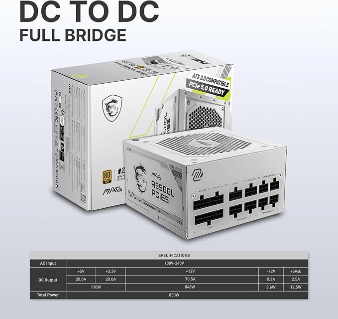 MSI MAG A850GL PCIE5 White, Fully Modular Compact Gaming 850W Power Supply, 80+ Gold, ATX 3.1 & PCIe 5.1 Ready, Native Dual-Color 12V-2x6 Cable, 10 Year Warranty