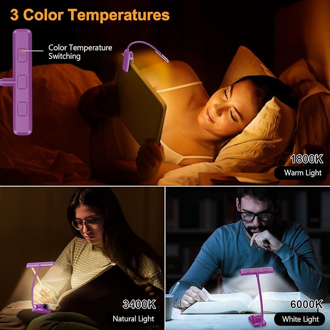 Gritin 19 LED Rechargeable Book Light for Reading in Bed with Memory Function- Eye Caring 3 Color Temperatures,Stepless Dimming Brightness,90 Hrs Runtime Clip on Light for Book Lovers-Dark Purple