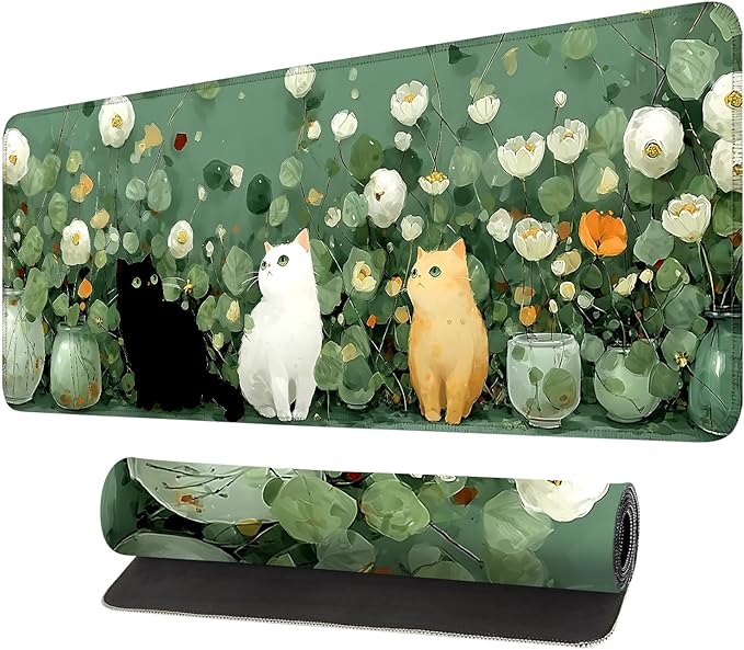 Desk Mat, XXL Extended Gaming Pad for Desktop, 31x12 Inches Floral Cats with Three Kittens, Large Non-Slip Vegan Leather Keyboard Mouse Mat for Home Office