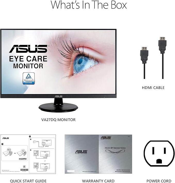 ASUS 27” 1080P Monitor (VA27DQ) - Full HD, IPS, 75Hz, Speakers, Adaptive-sync/FreeSync™, Low Blue Light, Flicker Free, VESA Mountable, Frameless, HDMI, VGA, DisplayPort, Tilt Adjustable, Black