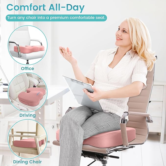 Office Chair Seat Cushion, Cooling Gel Enhanced Memory Foam Cushion for Long Sitting - Back, Coccyx & Tailbone Support Pillow - for Office, Gaming, Car, Wheelchair - Pink, Large