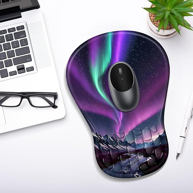 YIWEI Ergonomic Mouse Pad with Wrist Support - Gel Memory Foam Mouse Mat for Computer Keyboard & Laptop - Non-Slip Base, for Home Office & Gaming - Aurora/Northern Lights