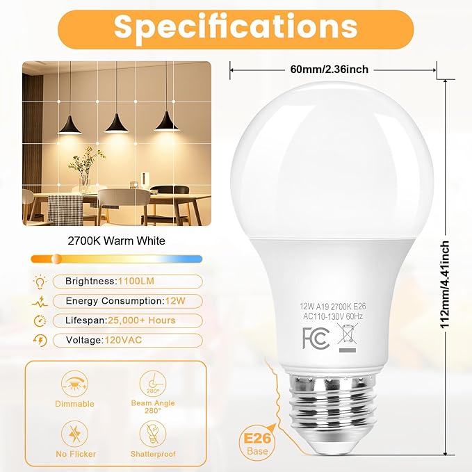 Brightever A19 LED Light Bulbs, 100 Watt Equivalent e26 dimmable led Bulb, Energy Efficient 12W, Soft White 2700K, 1100 Lumens, A19 LED Bulb for Bedroom Living Room Home Office Lamp, 8-Pack