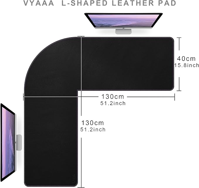 Vyaaa 51 inch L Shaped Desk Mat, Black Leather Corner Desk Mat Pad,Large Dual Sided Gaming Mouse Pads, Non-Slip Laptop Desk Pad, Office and Home