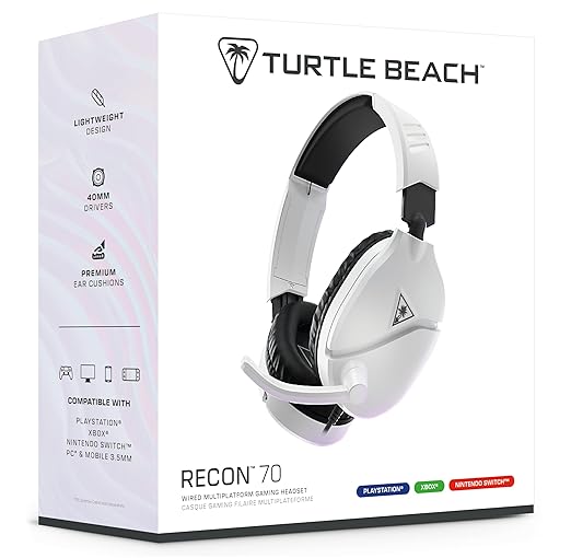 Turtle Beach Recon 70 Multiplatform Gaming Headset for PS5, PS4, Xbox Series X|S, Xbox One, PC & Mobile w/ 3.5mm Wired Connection - Flip-to-Mute Mic, 40mm Speakers, Lightweight Design, White